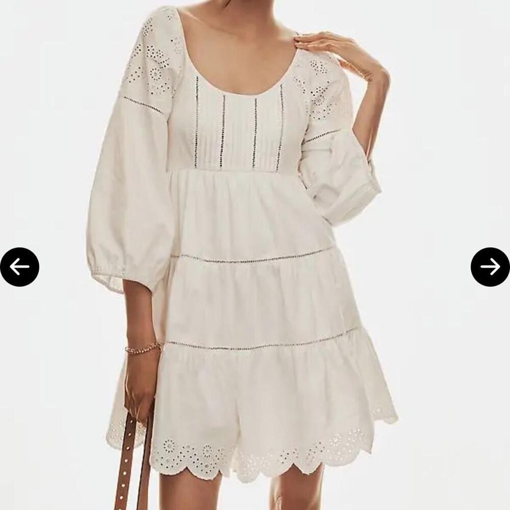 Anthropologie white scallop hem balloon sleeve romper bridal boho resort wear